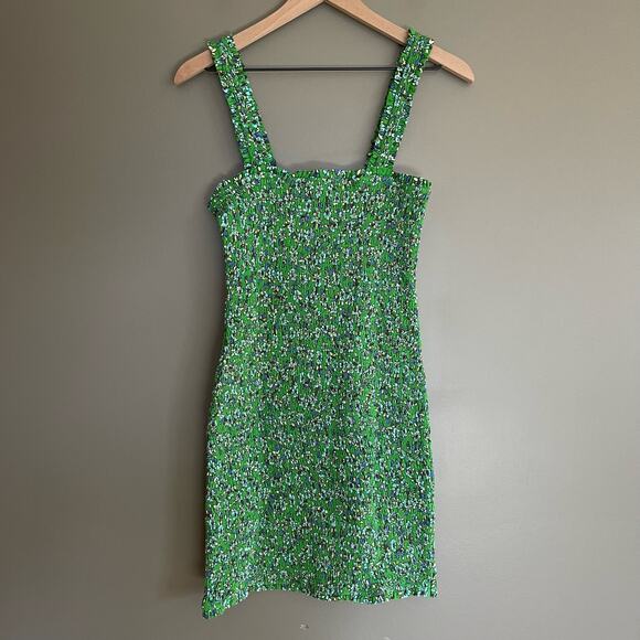 RHODE Jasmine Dress Green Floral Smocked Mini Dress Size Large Bodycon Sexy Cute - Picture 12 of 16